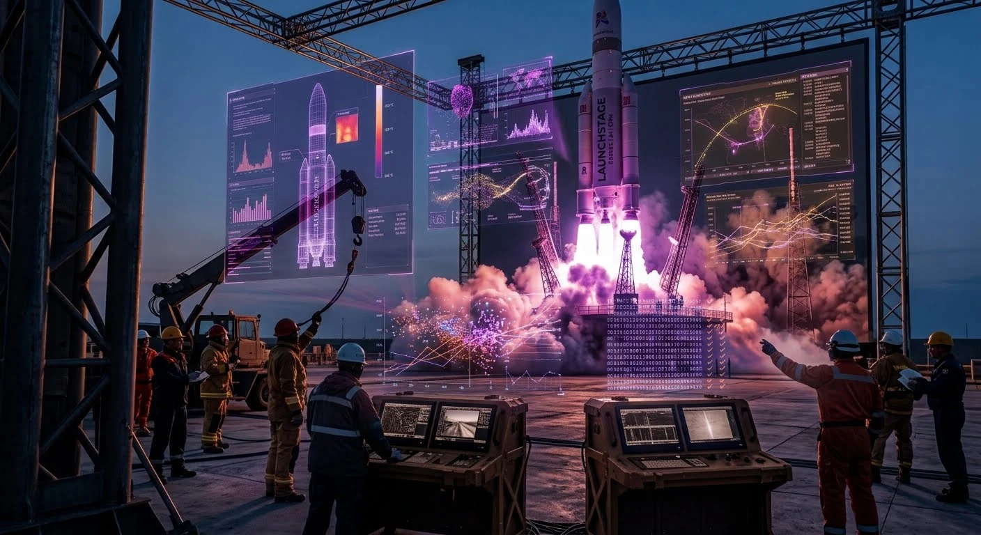 A LaunchStage rocket lifting off at dusk while a crew in hard hats works the pad, surrounded by holographic data panels.