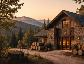 A stone-and-timber distillery with stacked barrels in the mountains at golden hour.