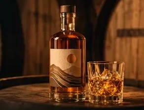A bourbon bottle with a mountain-print label beside a glass on a barrel head in a candlelit rickhouse.