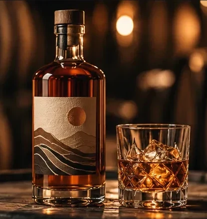 A bourbon bottle with a mountain-print label beside a glass on a barrel head in a candlelit rickhouse.