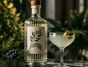 A botanical gin bottle and a garnished cocktail among juniper and greenery.