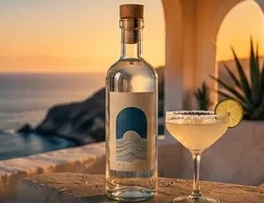 A tequila bottle and a salt-rimmed margarita on a seaside terrace at sunset.